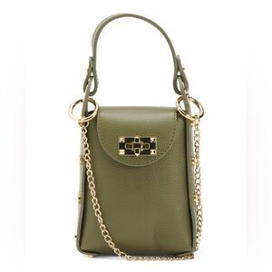 💚💚NWT-ANNA POALA Olive Green GENUINE Leather Stud Phone Holder Crossbody Bag 💚💚